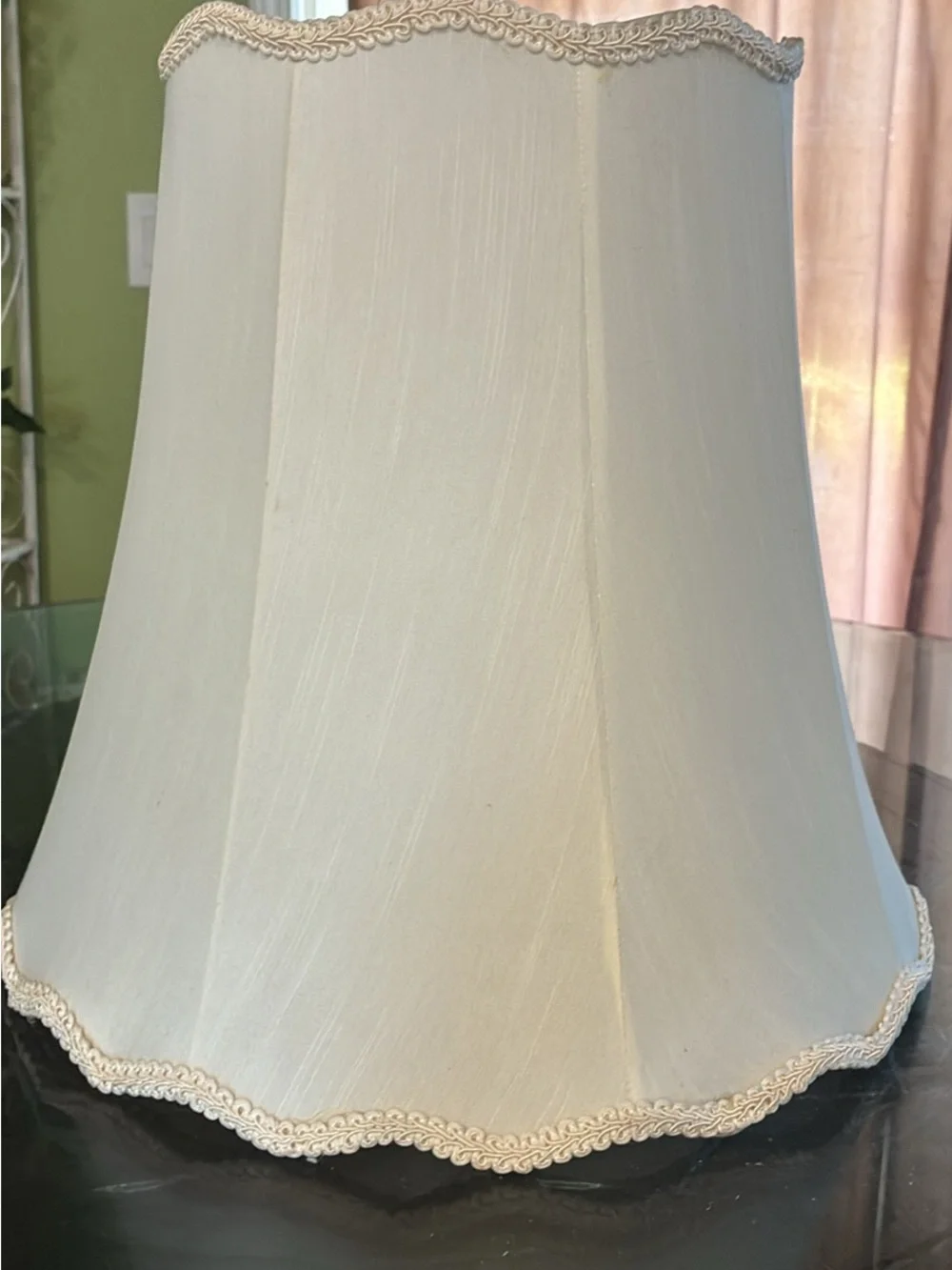 Vintage white scalloped bell lamp shade with braid trim